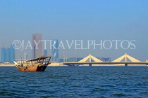 BAHRAIN, Muharraq, Shaikh Isa Causeway Bridge, and dhow at sea, BHR2525JPL