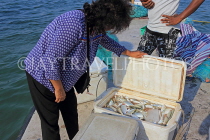 BAHRAIN, Muharraq, coastal fishing village area, customer buying freshly caught fish, BHR2526JPL