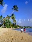 BARBADOS, West Coast, beach and leaning coconut treess, Barbadians walking, BAR455JPL