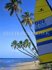 BARBADOS, West Coast, coconut palms and sailboat, BAR505JPL