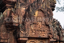 CAMBODIA, Angkor, Banteay Srei Temple, red sandstone carvings, temple towers, CAM1133JPL