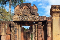CAMBODIA, Angkor, Banteay Srei Temple, red sandstone carvings on gateways, CAM1090JPL