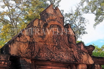 CAMBODIA, Angkor, Banteay Srei Temple, red sandstone carvings on main gateway, CAM1097JPL