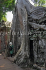 CAMBODIA, Siem Reap, Ta Prohm Temple, Strangler Fig Tree roots engulfing ruins, CAM1500JPL