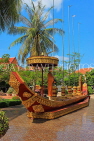 CAMBODIA, Siem Reap, Wat Preah Prom Rath, temple site, replica boat and monk, CAM2127JPL