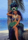 COOK ISLANDS, Rarotonga, beach, Maori girl in traditional island dress, CI1959JPL