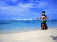COOK ISLANDS, Rarotonga, beach, Maori girl in traditional island dress, cultural dancer, CI756JPL