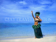 COOK ISLANDS, Rarotonga, beach, Maori girl in traditional island dress, cultural dancer, CI759JPL