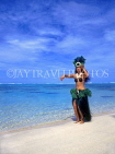 COOK ISLANDS, Rarotonga, beach, Maori girl in traditional island dress