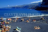 Canary Isles, TENERIFE, Puerto de la Cruz, volcanic sand beach and sunbathers, SPN1328JPL