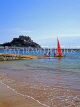 Channel Islands, JERSEY, Grouville Bay, sailboat and view towards Mt Orguel Castle, UK10379JPL