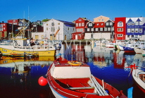FAROE ISLANDS, Streymoy, Torshavn, waterfront buildings, and harbour boats, FAR42JPL