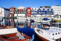 FAROE ISLANDS, Streymoy, Torshavn, waterfront buildings, and harbour boats, FAR46JPL