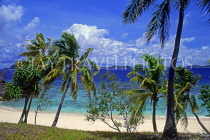 FIJI, Mamanuca Islands, Matamanoa Island, coastal view through coconut trees, FIJ763JPL