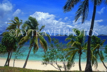 FIJI, Mamanuca Islands, Matamanoa Island, coastal view through coconut trees, FIJ813JPL