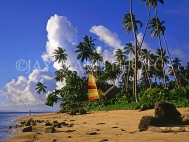 FIJI, Taveuni, Matagi (Matangi) Island, beach and sailboat amongst coconut trees, FIJ635JPL