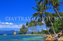 FIJI, Taveuni, Matagi (Matangi) Island, seascape, sailboat and coconut trees, FIJ861JPL