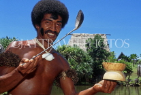 FIJI, Viti Levu, Pacific Harbour Arts Village, warrior with bowl of Kava (drink), FIJ965JPL