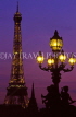 France, PARIS, Pont Allexandre III bridge lamp post, and, Eiffel Tower at night, FRA1332JPL