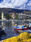 Greek Islands, CRETE, Elounda, town and harbourfront, fishing boats and nets, GIS1085JPL