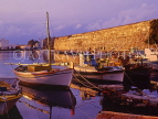 Greek Islands, KOS, Kos Town, harbourfront fishing boats, sunset on castle walls, GIS1218JPL