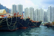 HONG KONG, Hong Kong Island, Aberdeen harbour, fishing boats and apartments, HK501JPL