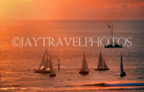 Hawaiian Islands, OAHU, Waikiki, sunset view across sea, and sail boats, HAW398JPL