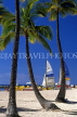 Hawaiian Islands, OAHU, Waikiki Beach, coconut palms and sailboats, HAW2121JPL