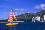 Hawaiian Islands, OAHU, sailboat passing Waikiki and Diamond Head (hill), HAW108JPL