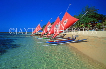 Indonesia, BALI, Sanur Beach, outrigger canoes (Jakung) lined up, BAL1042JPL