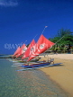 Indonesia, BALI, Sanur Beach, outrigger canoes (Jakung) lined up on beach, BAL987JPL