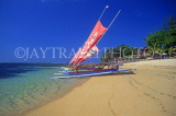 Indonesia, BALI, Sanur Beach, outrigger canoes (Jakung) on beach, BAL1043JPL