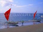 Indonesia, BALI, Sanur Beach, two outrigger canoes (Jakung) on beach, BAL1024JPL