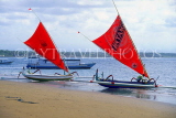 Indonesia, BALI, Sanur Beach, two outrigger canoes (Jakung) on beach, BAL1051JPL