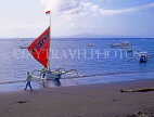 Indonesia, BALI, Sanur Beach, two outrigger canoes (Jakung) on beach, BAL1234JPL