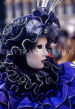 Italy, VENICE, Carnival, masquerade character in blue and black ruffles, ITL1596JPL
