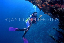 MALDIVE ISLANDS, Coral reef and diver by wreck, MAL598JPL