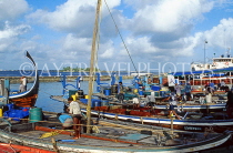 MALDIVE ISLANDS, Male, harbour, Dhonis (fishing boats) at waterfront, MAL50JPL