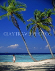 MALDIVE ISLANDS, leaning coconut trees and tourist walking along beach, MAL133JPL