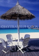 MALDIVE ISLANDS, thatched sunshades and chairs, overlooking beach and pier, MAL110JPL
