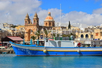 MALTA, Marsaxlokk, fishing village, fishing boat and Church of Our Lady of Pompei, MLT1137JPL
