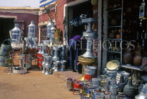 MOROCCO, Marrakesh, Medina (old town) souk, aluminium wares and utensils shop, MOR29JPL