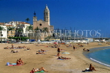 SPAIN, Catalonia, SITGES, Fragata Beach and St Tecia church, SPN837JPL