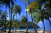 ST LUCIA, Marigot Bay, view from Marigot Bay, through coconut trees, STL640JPL
