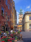 SWEDEN, Stockholm, Old Town Square (Gamla Stan Stortorget), cafes and Cathedral Tower, SWE118JPL