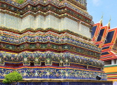 THAILAND, Bangkok, WAT PHO, detail of tile encrusted decorations on chedis, THA2739JPL