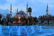 TURKEY, Istanbul, Sultan Ahmet Mosque (Blue Mosque), and fountain, dusk view, TUR812JPL