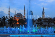 TURKEY, Istanbul, Sultan Ahmet Mosque (Blue Mosque), and fountain, dusk view, TUR815JPL
