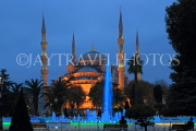 TURKEY, Istanbul, Sultan Ahmet Mosque (Blue Mosque), and fountain, night view, TUR791JPL