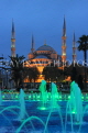 TURKEY, Istanbul, Sultan Ahmet Mosque (Blue Mosque), and fountain, night view, TUR794JPL